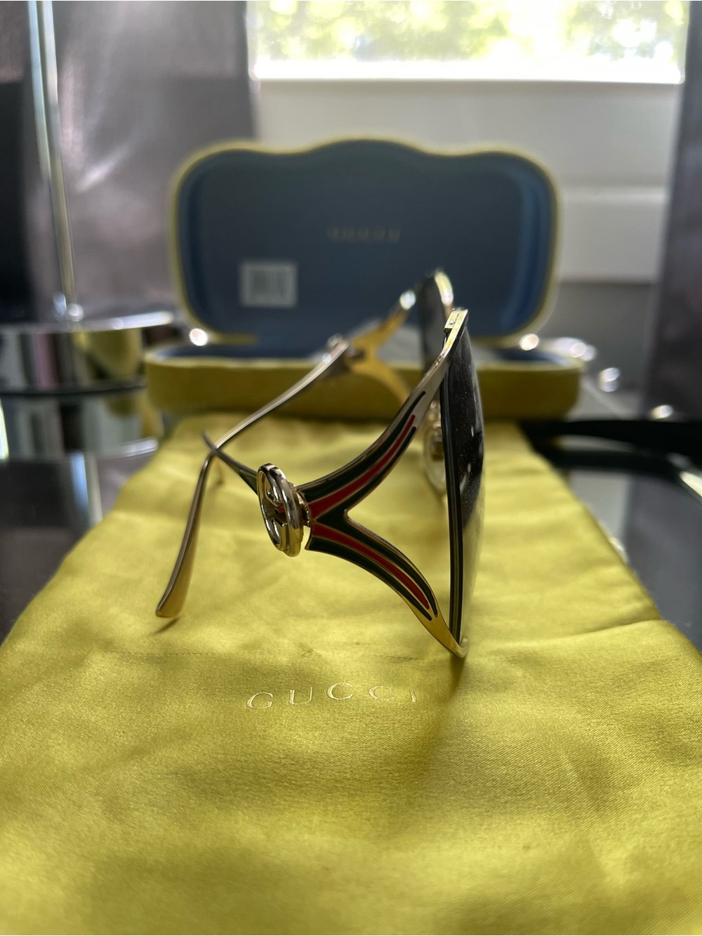 Gucci Gold Frame Sunglasses with Green Temple Stripes and Gradient Lenses - Picture 5 of 10